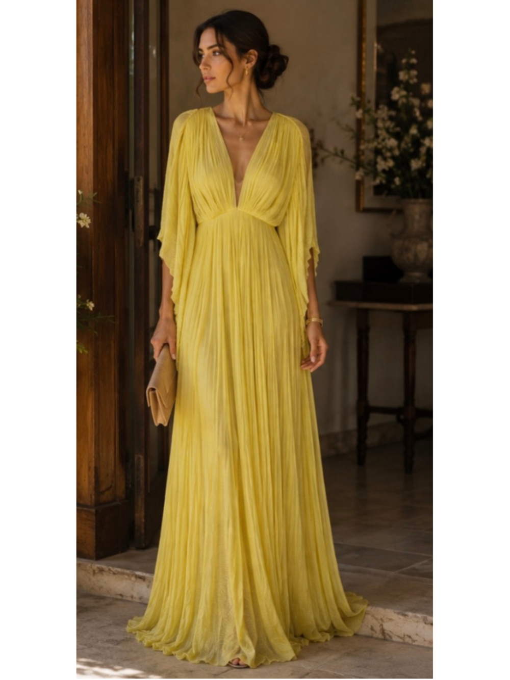 Maria Lucia Hohan Pleated 100% Silk Maxi Dress, Size 42/10 Yellow New w/Tags